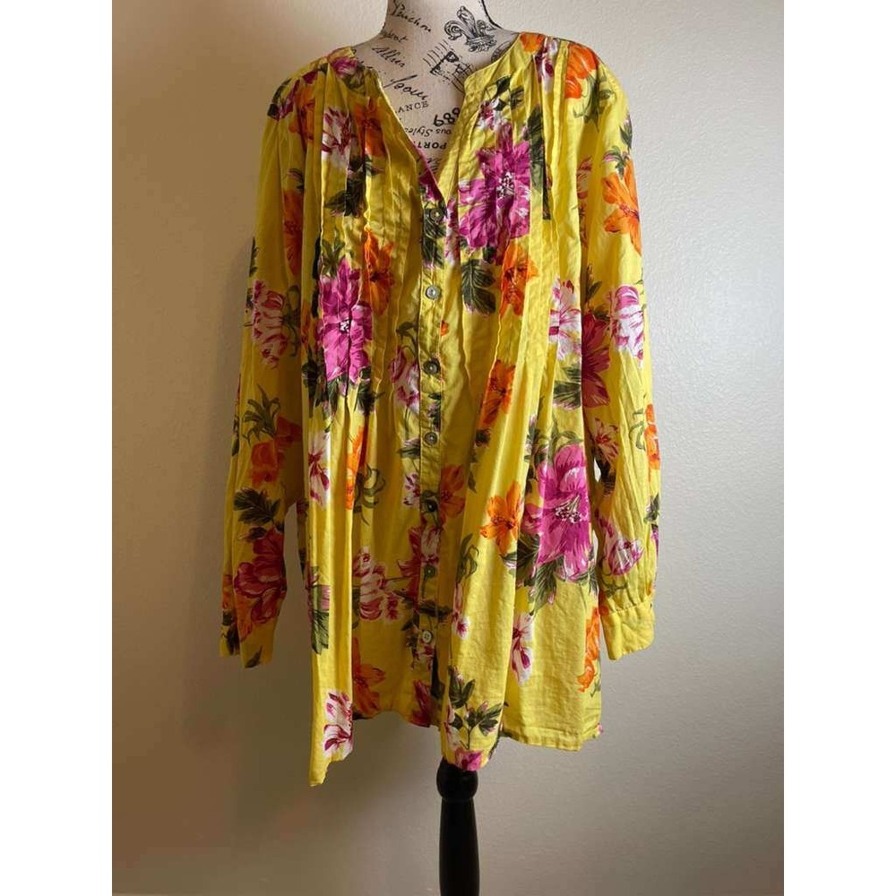 Roamans Womens 22W Yellow Floral Cotton Button Up Tunic Shirt Long Sleeve Boho